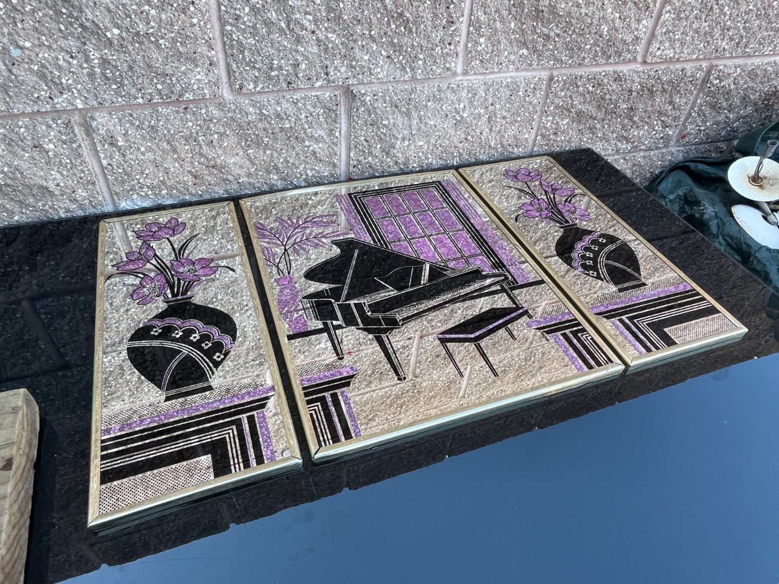 MCM Triptych Mirror Hanging 3pc Set Floral Vase Art Deco 80’s Mid Century Modern gallery