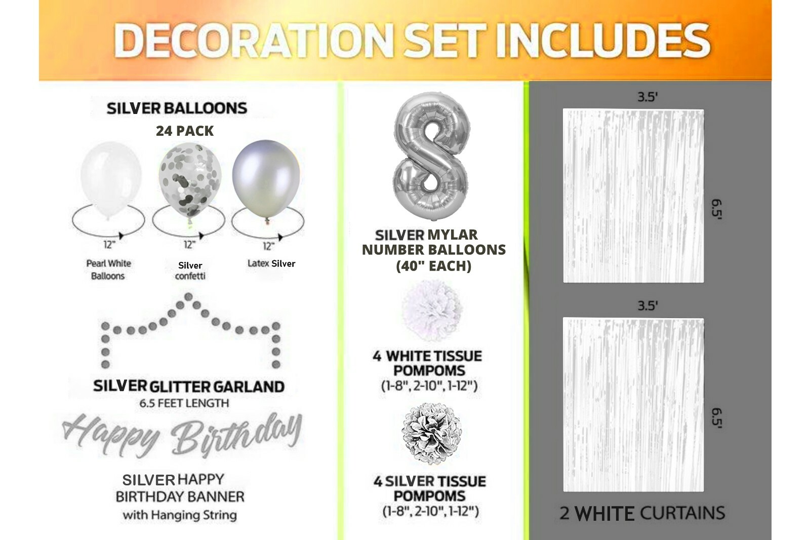 Silver & White 8th Birthday Decorations - 40" Number Balloons &More- Boy or Girl gallery