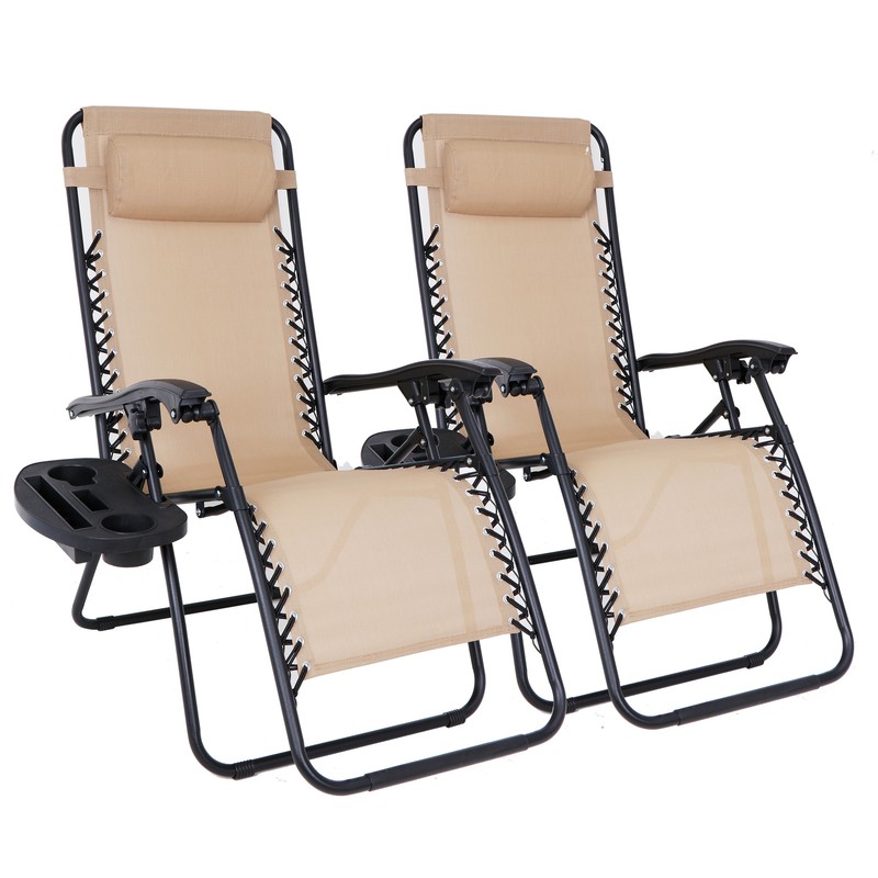 Set of 2 Adjustable Zero Gravity Lounge Chair Recliners w/Cup Holders Beige gallery