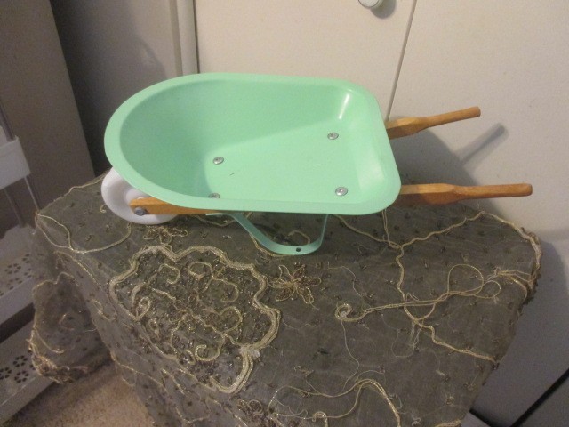 Small Green Metal Wheelbarrow Wheel barrel Garden Decor Planter Display gallery