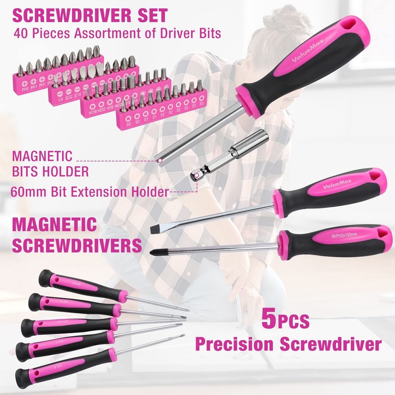 ValueMax 233PC Home Tool Kit Pink Tool Set Cordless Drill Tool w/Basic Drill Set gallery