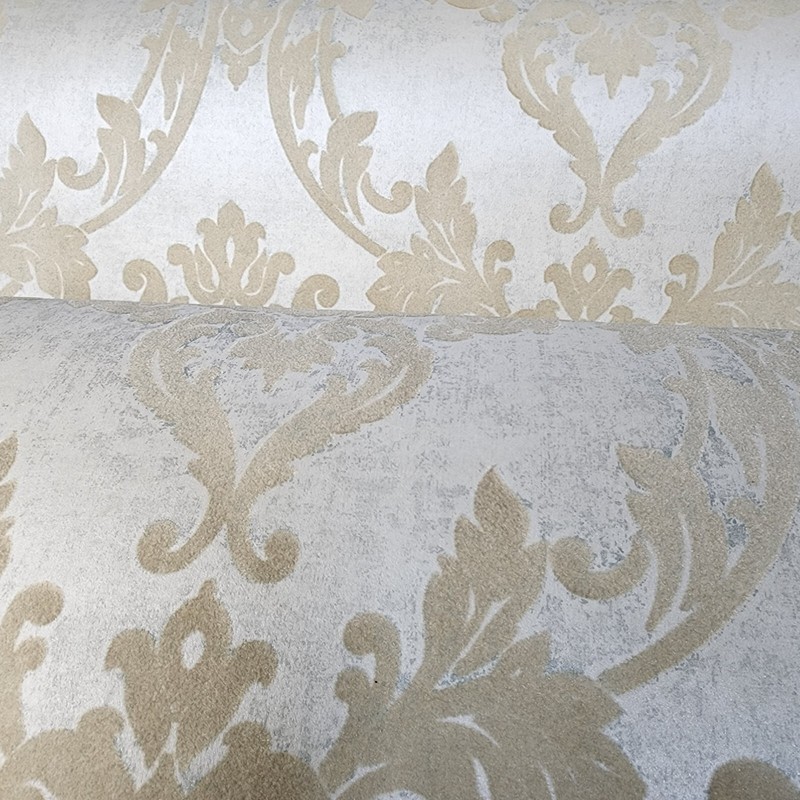 Wallpaper flocking rustic beige Flocked vintage damask velvet wallcoverings roll gallery