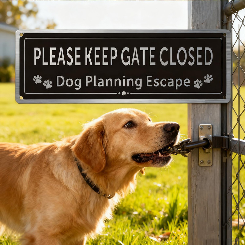 2 Pack Please Close the Gate Metal Sign - Dog Planning Escape Sign - Brushed Alu gallery