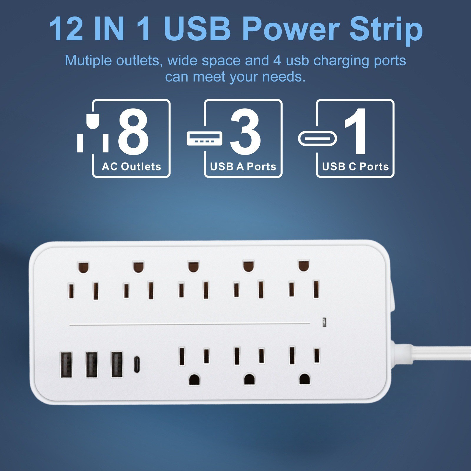 8AC Outlets US Power Strip Surge Protector with 3 USB and Type C Ports 5ft Cable gallery