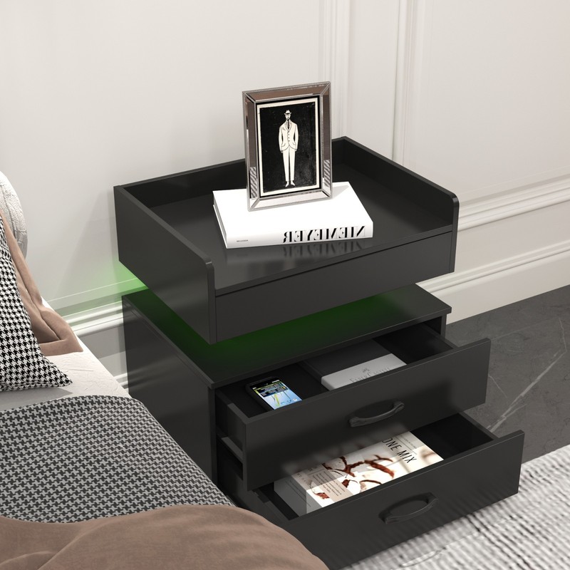 LED Nightstand with Adjustable Strip Light 2 Drawers Storage Bedside Side Table gallery