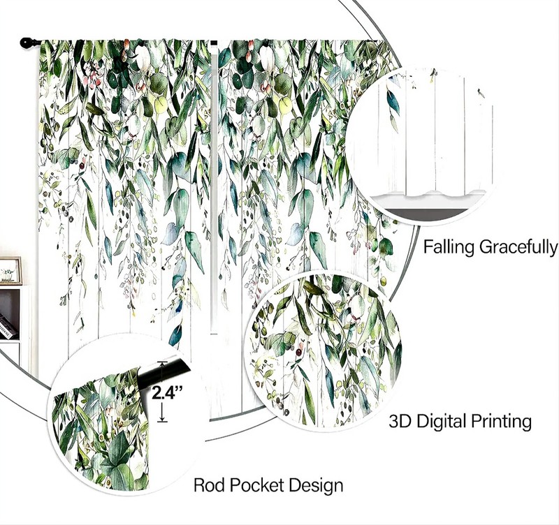 RiyiDecor Green Eucalyptus Leaves Curtains 52x84 **preowned, Beautiful** gallery