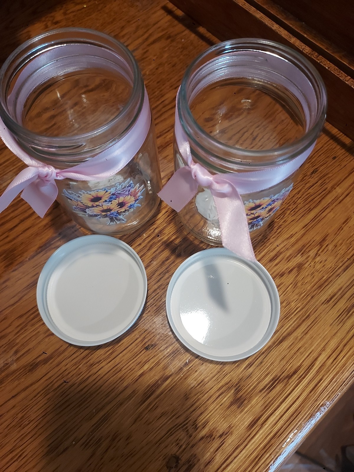 Jars With Lids Decorated Set Two Pint 16 oz sunflowers pink ribbon Storage gallery