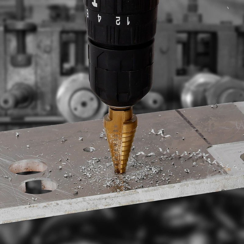 Step Drill Bit - Titanium Coated, Double Cutting Blades, 13 Steps 1/8" to 1/2" gallery
