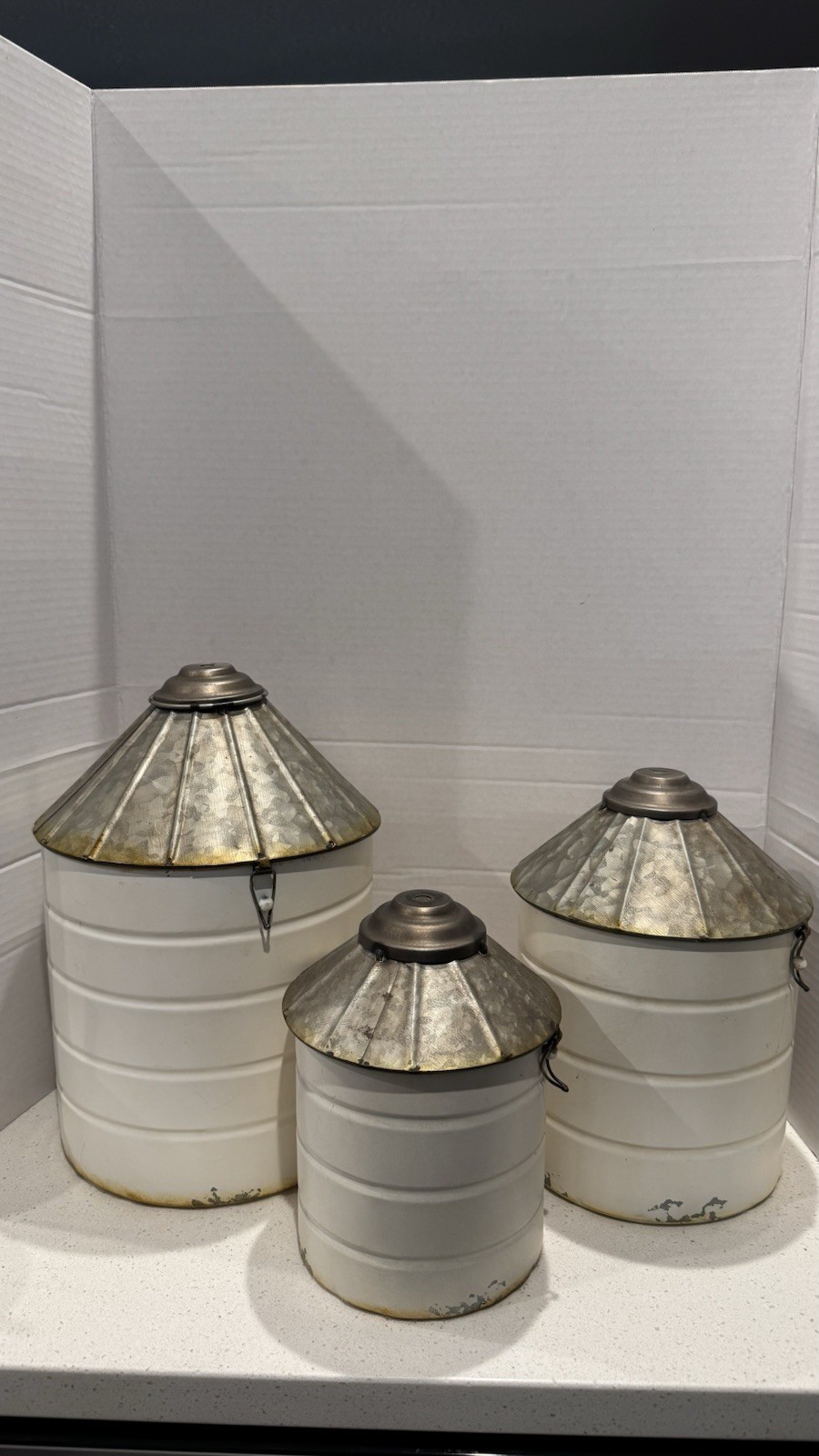 Vintage White Farmhouse Style Galvanized Decorative Tin Silo Canister Set of 3 gallery