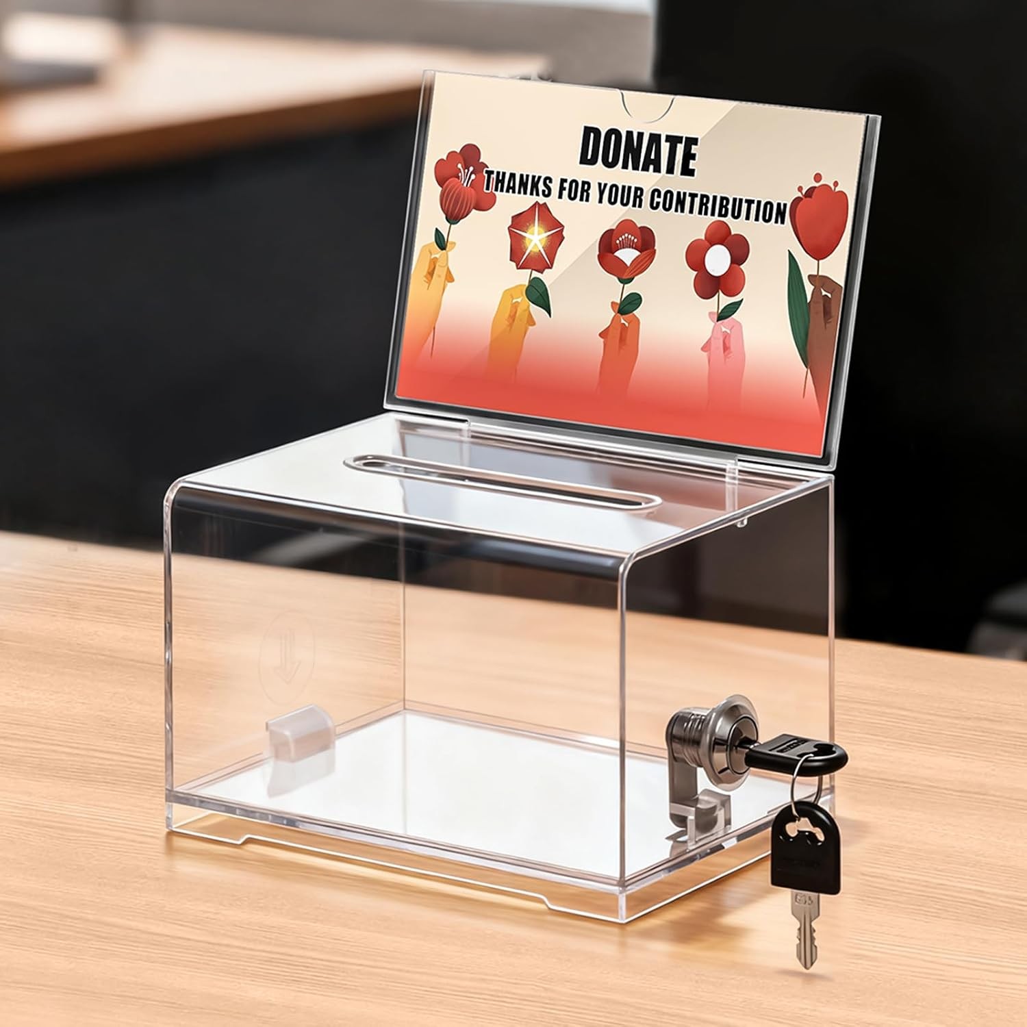 Clear Donation Box with Lock & Sign Holder Raffle Ballot Tip Jar gallery