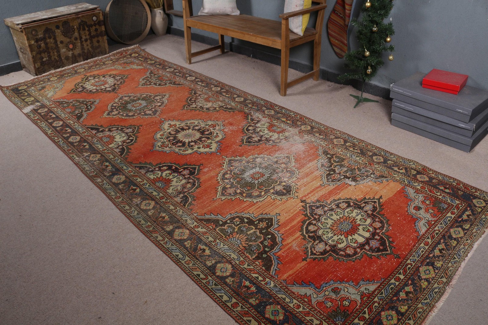 4,9x12,5 ft Vintage Rug, Turkish Runner Rug, Red Floral Wool Rug gallery