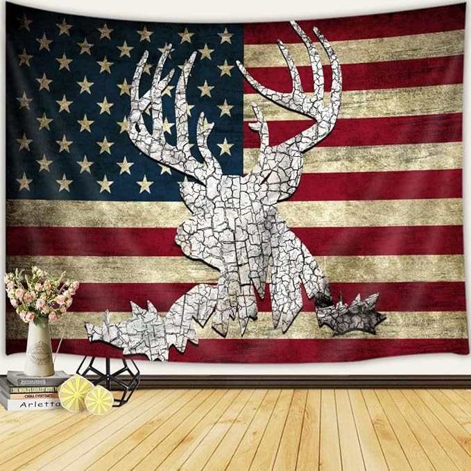 American Flag Hunting Deer Tapestry, Western Red and White 60"L x 40"W red gallery