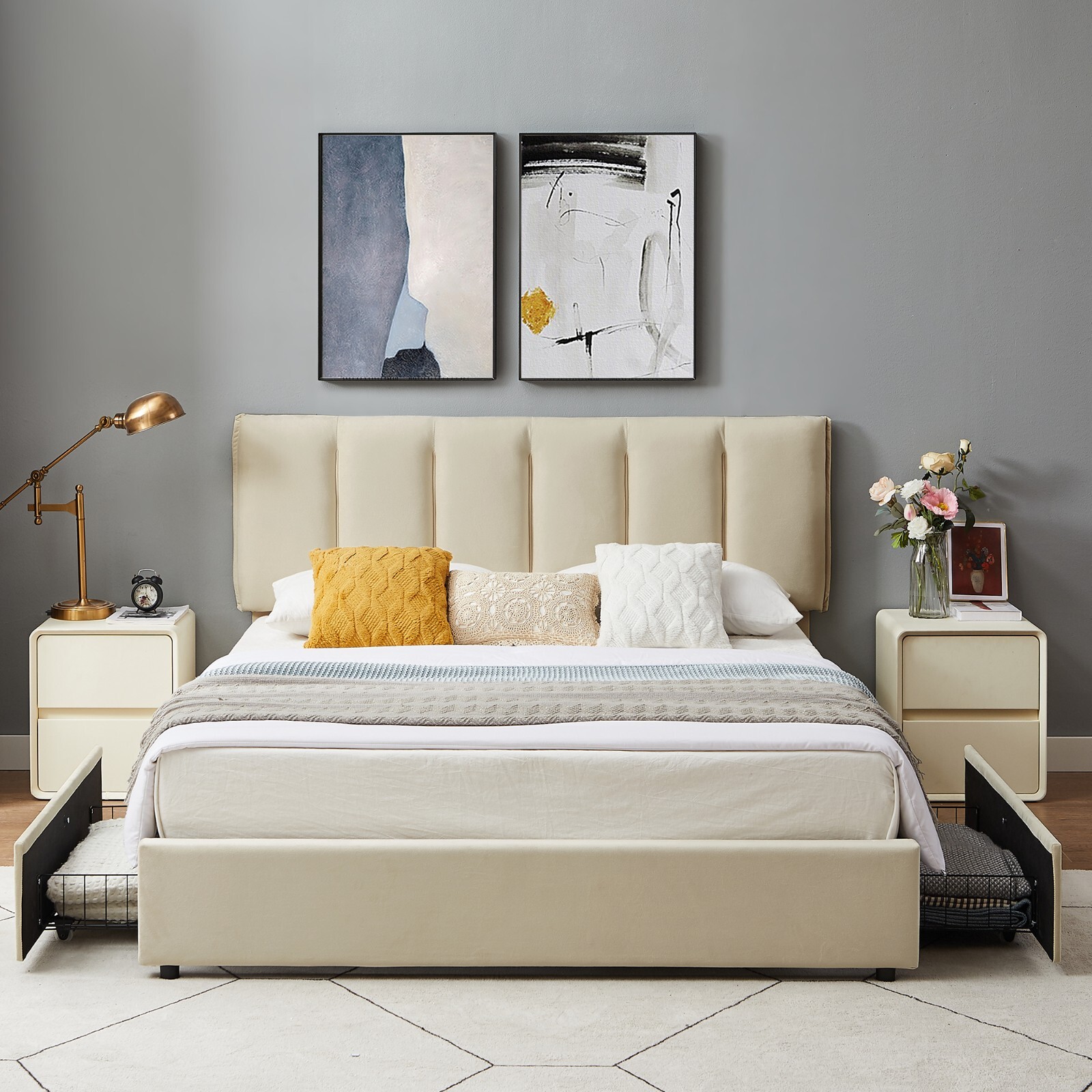 Upholstered Bed Frame with 4 Storage Drawer Queen Full Size Platform Headboard gallery
