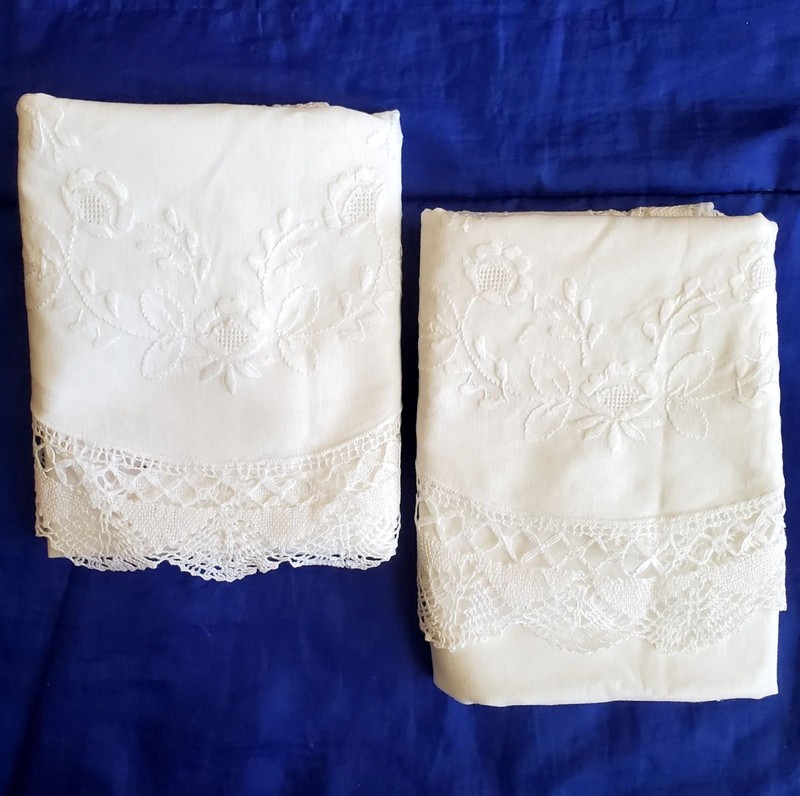 2 Vtg Table Runners Hand-Embroidered Cotton 54x16" Open Work White on White Lace gallery
