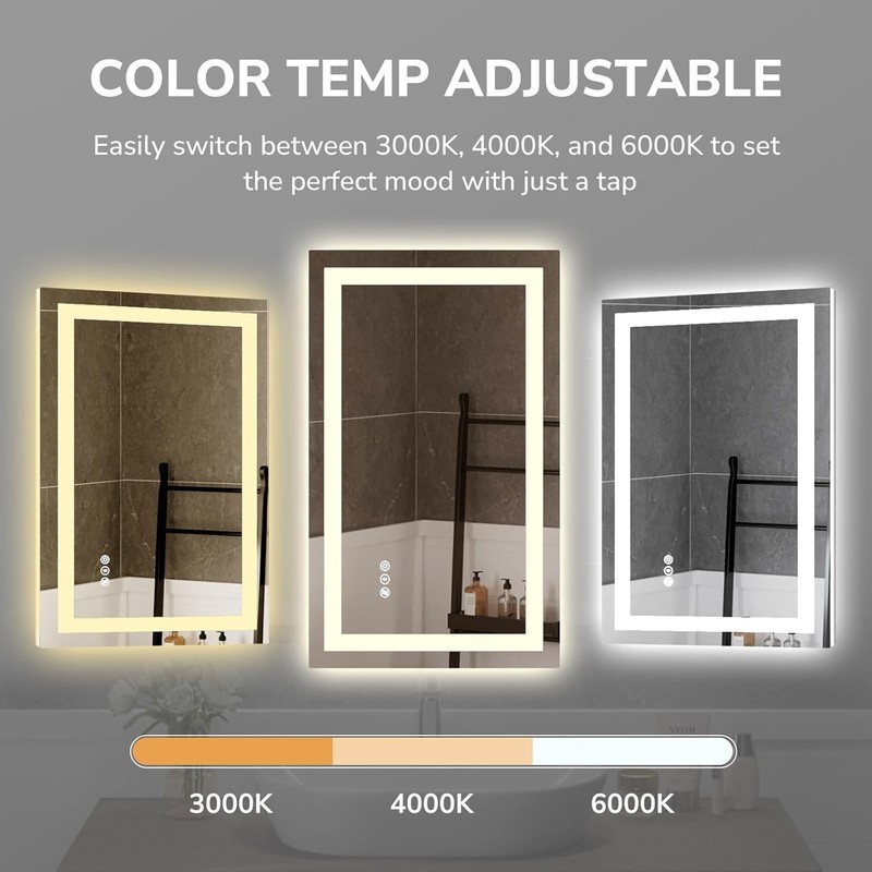 Dimmable LED Bathroom Mirror Lighted Touch Vanity Mirror Anti-Fog 3000K-6000K gallery