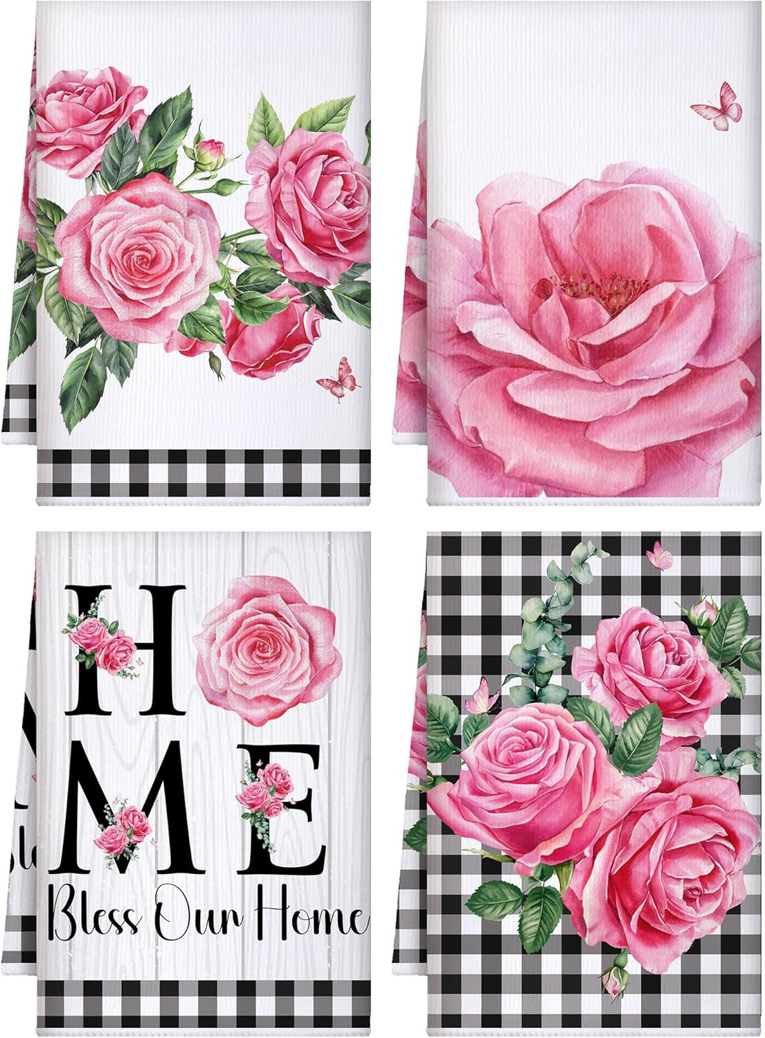 4 Pcs Pink Rose Kitchen Towels Flower Floral Hand Dish Towels Pink Buffalo Plaid gallery