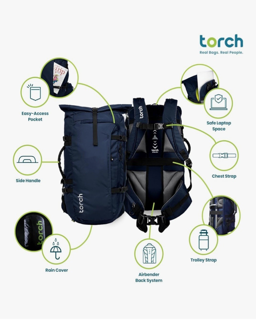 Torch 45L Black Travel Hiking Backpack 3