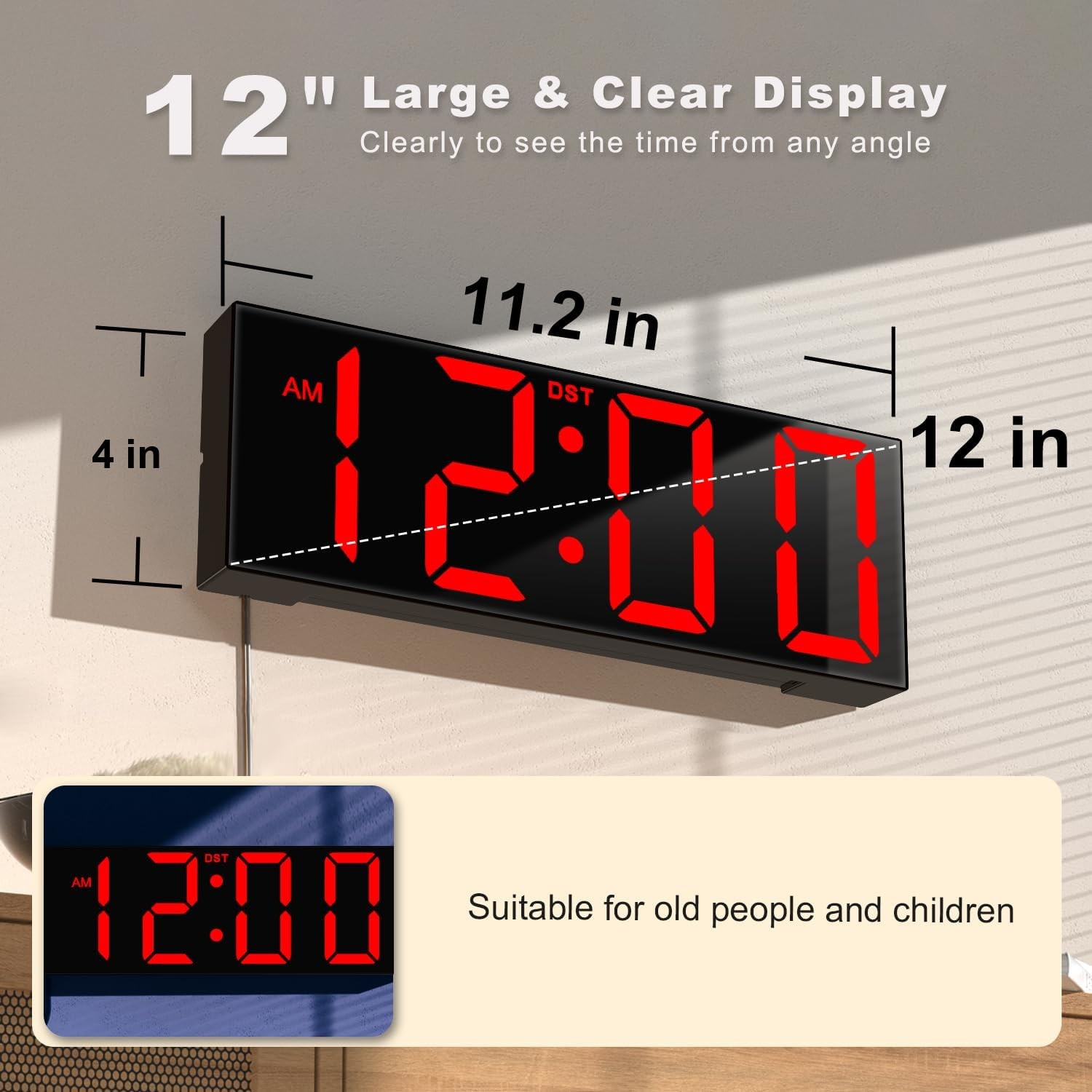 12 Inch Large Digital Wall Clock Big LED Number Display RGB Night Light Fit gallery