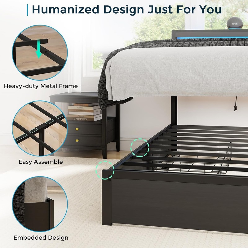 Queen Size LED Bed Frame with Storage Headboard and 4 Drawers Charging Station gallery