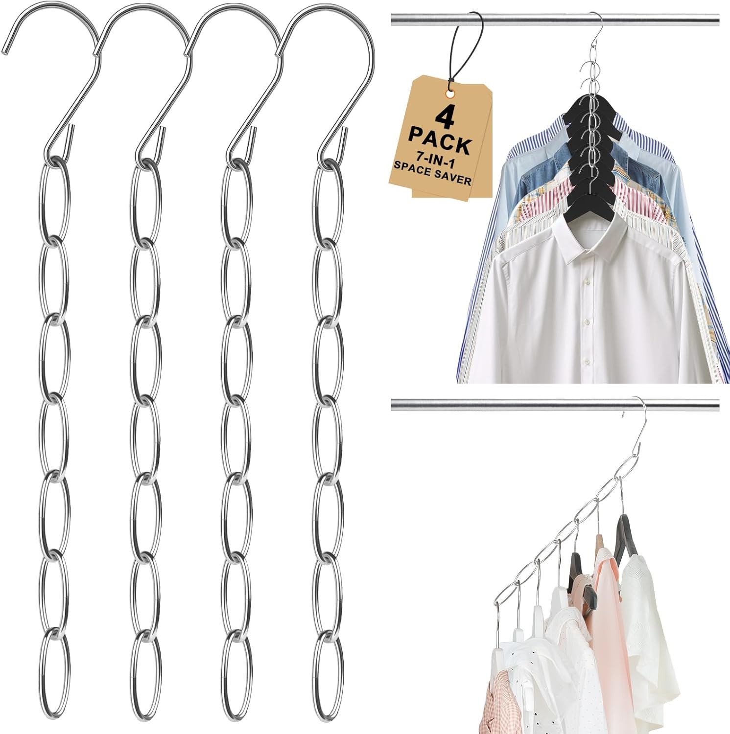 Space Saving Hangers, 4 Pack Metal Clothing Chain Hangers with 7 Holes, Closet O gallery