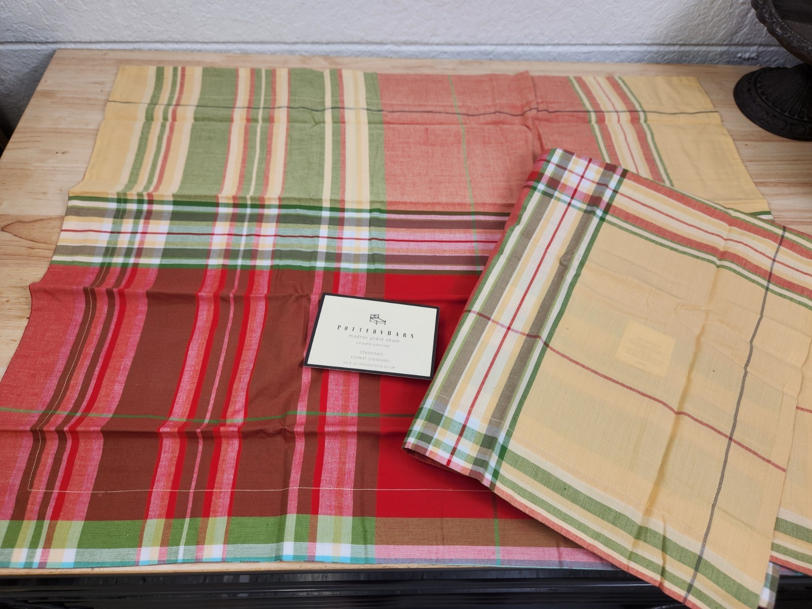 Pottery Barn Madras Rust Red Green Plaid Pillow Sham Set Of 2 Standard 20X26 NOS gallery