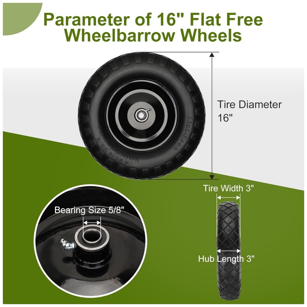 Durable 16" Solid Wheelbarrow Tires - 5/8" & 3/4" Bearings
