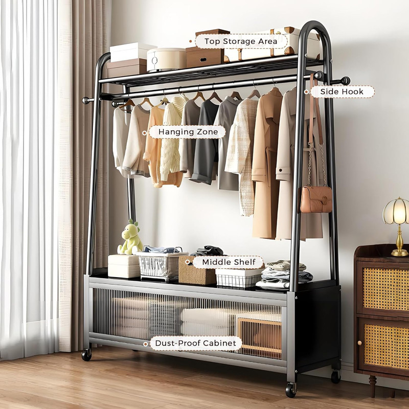 Portable Freestanding Clothes Rack with Storage Cabinet & Wheels - Black gallery