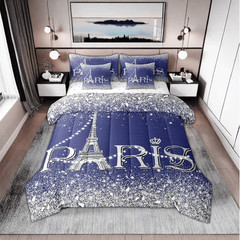 Erosebridal Paris Comforter Sets KING Eiffel Tower Bed in a Bag with Sheets BLUE