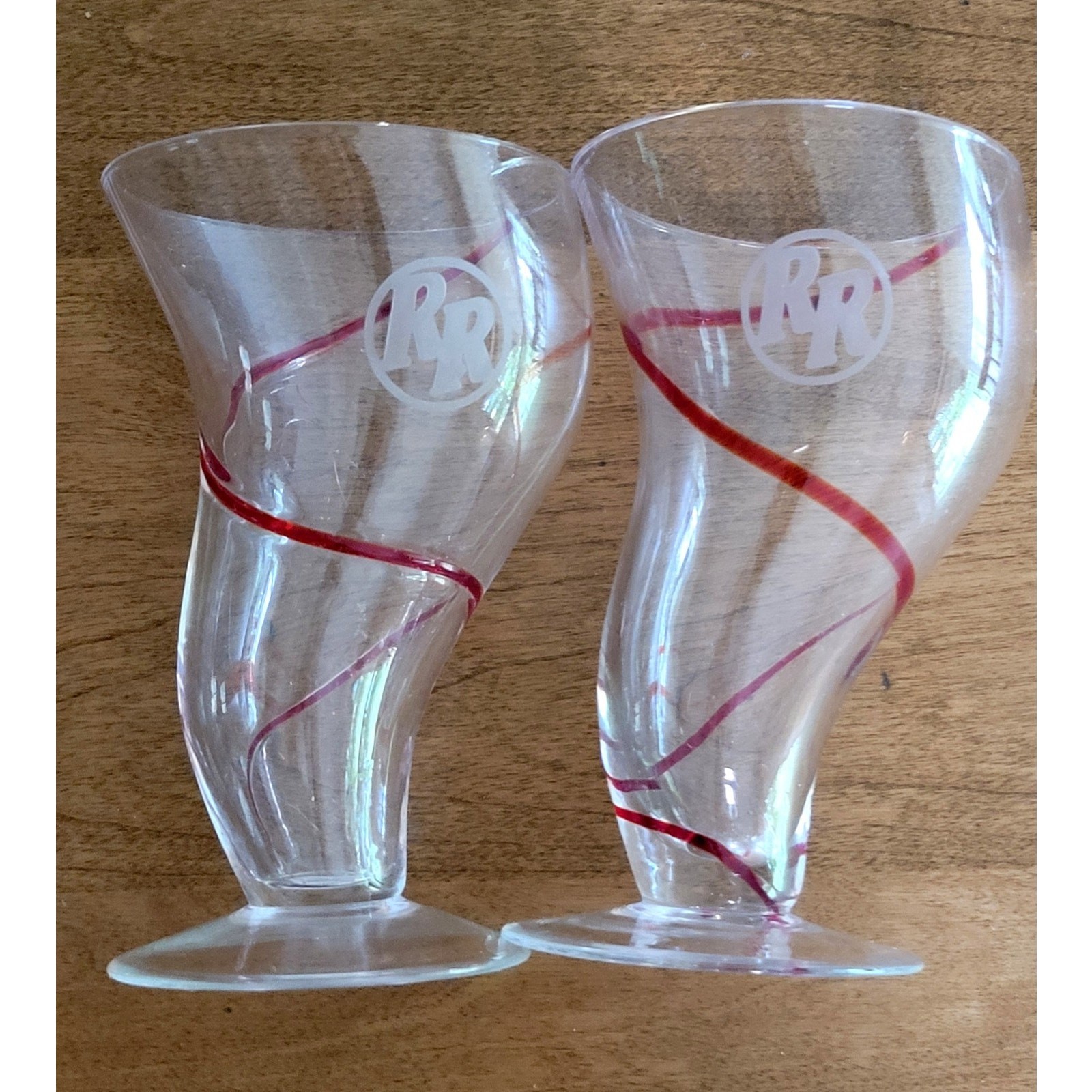 Handblown Red Robin Restaurant Red Swirl Tornado Footed Glasses Set Of 2 gallery