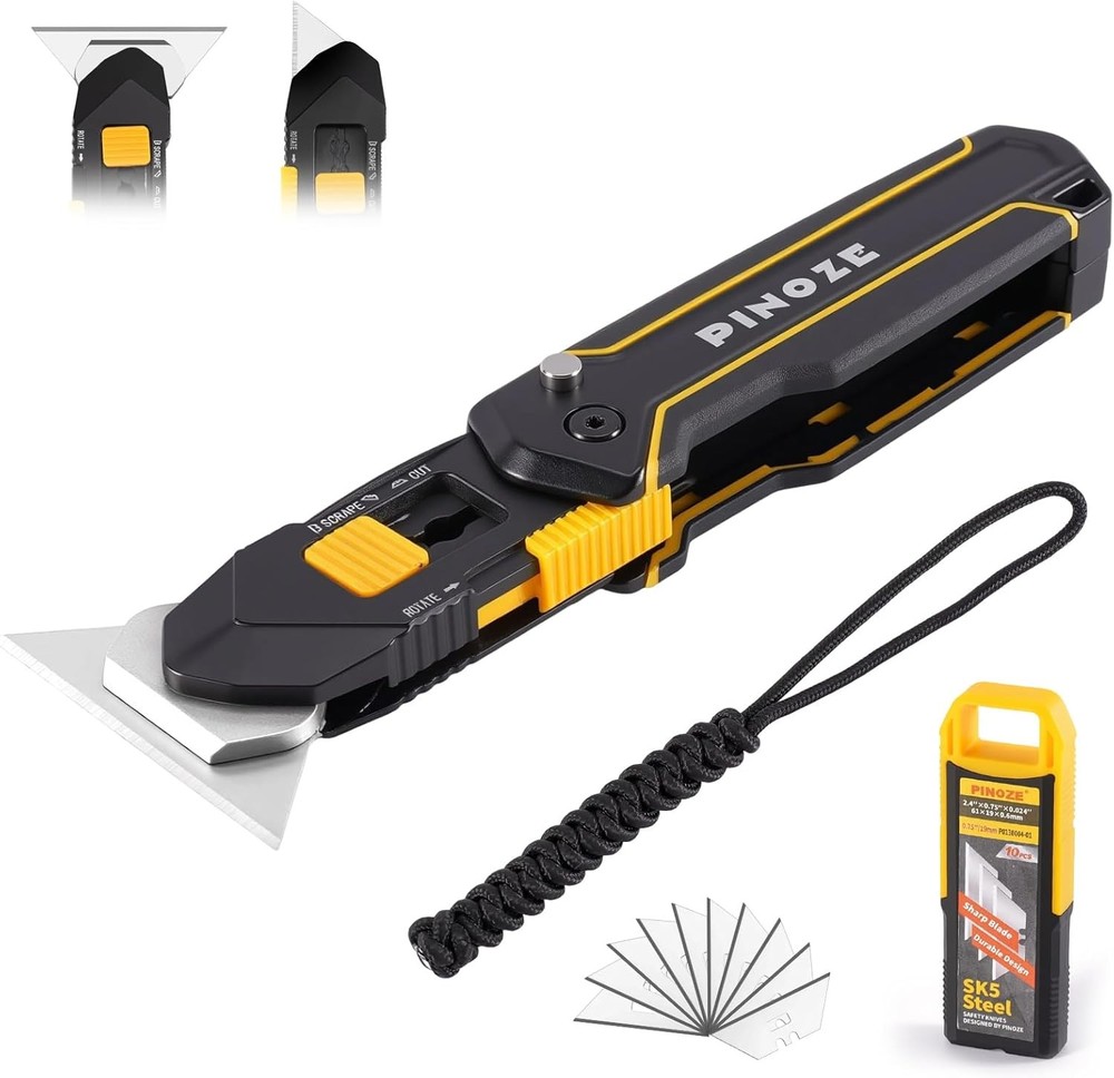 Utility Knife Scraper, 3-in-1 Retractable Box Cutter with Lanyard & Blade Storag