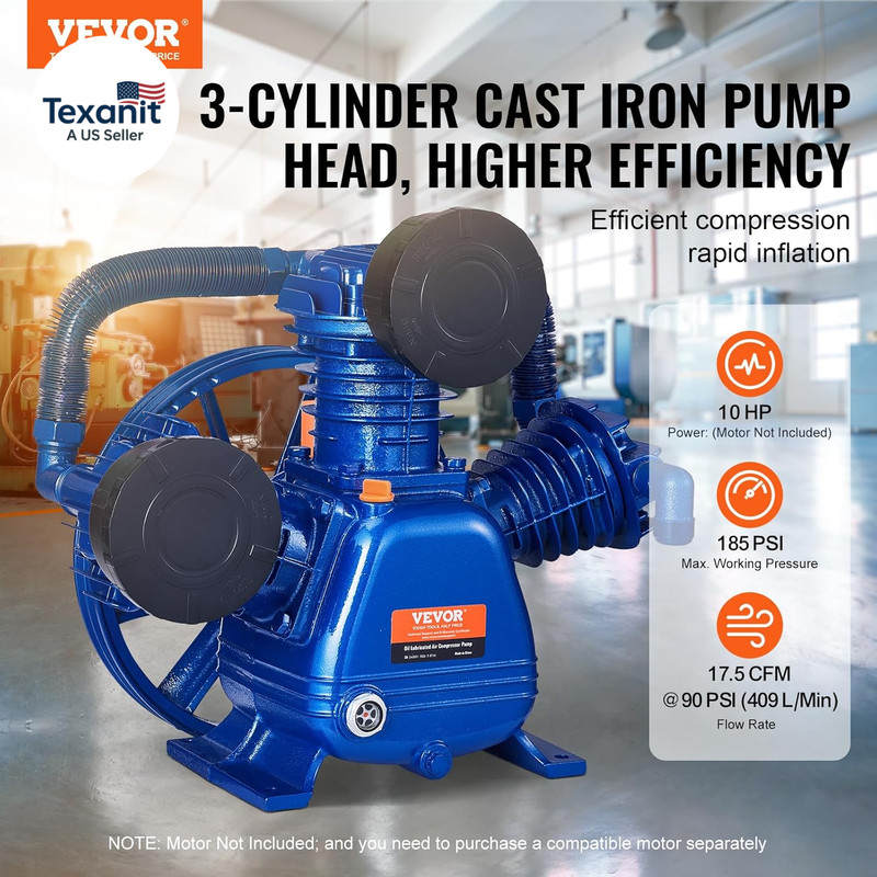 Air Compressor Pump Head, 10HP 17.5CFM @ 90PSI, 3-Cylinder Oil Lubricated Air Co gallery