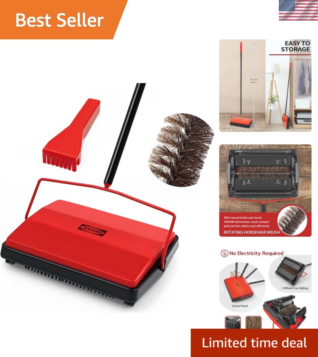 Carpet Floor Sweeper Manual with Horsehair, Non Electric Quite Rug Roller Bru... gallery