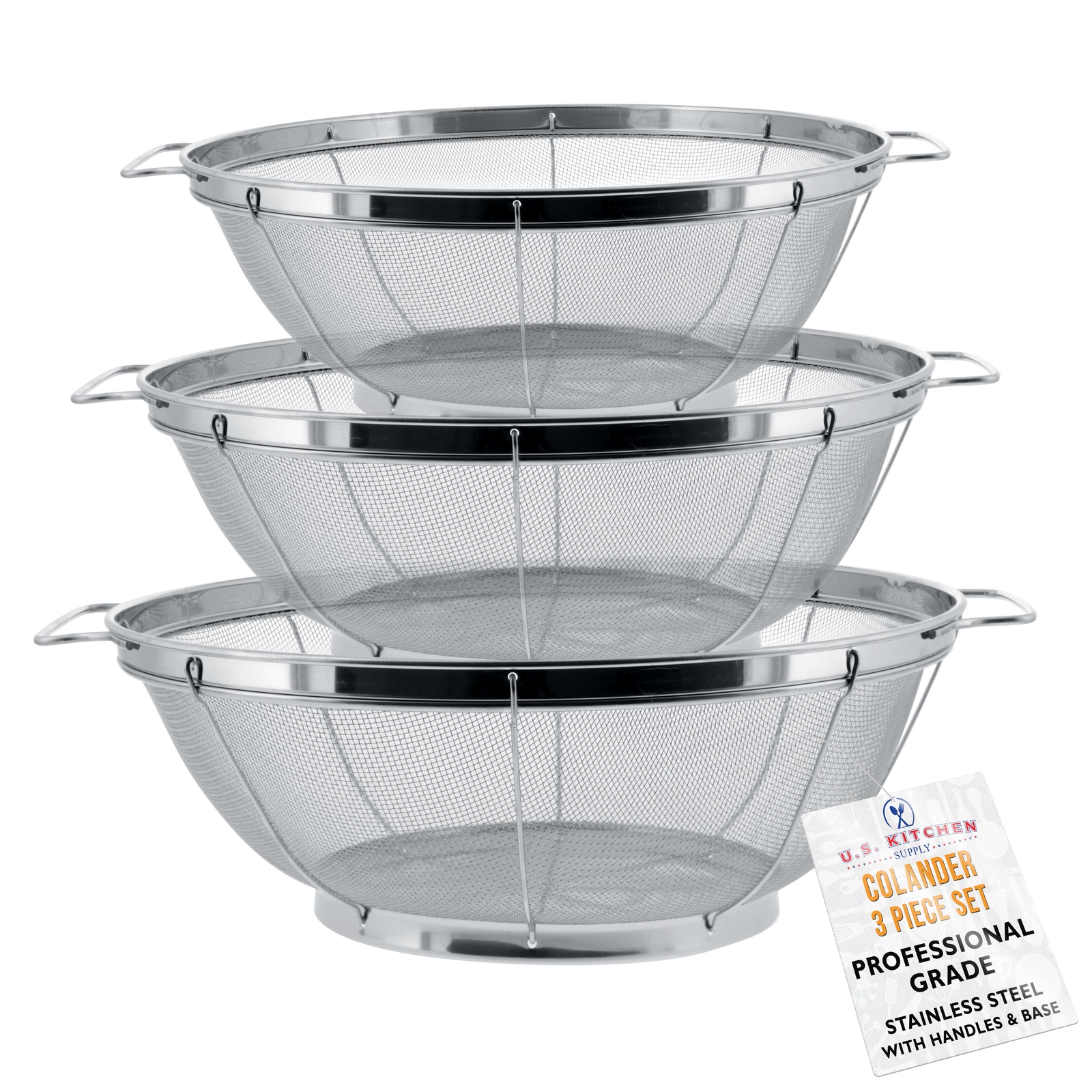 U.S. Kitchen 3pc Colander Set, Stainless Steel Mesh Strainer Net Baskets 3 4 5qt gallery
