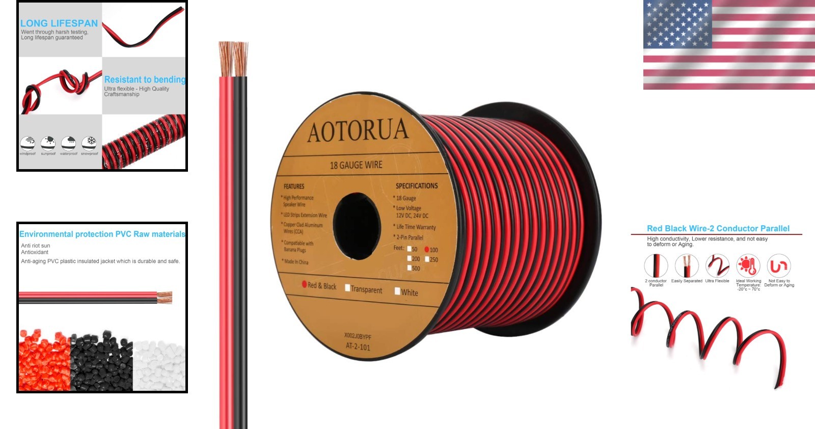 100FT Red & Black 18AWG Electrical Wire for Easy Installation and Use gallery