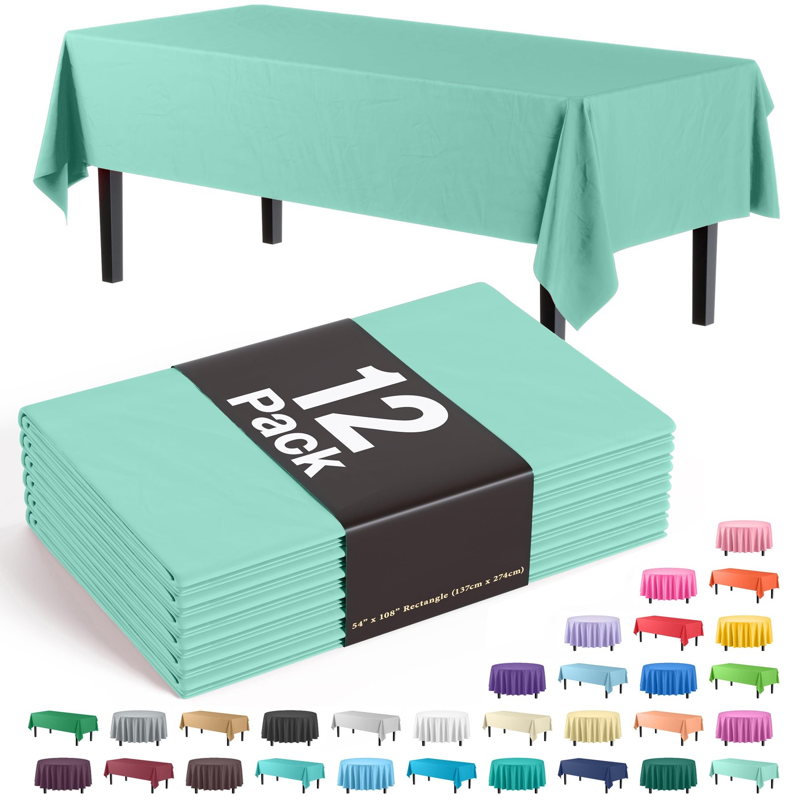 12-Pack Premium Plastic Tablecloth 54in. x 108in. Rectangle Table Cover - Min... gallery