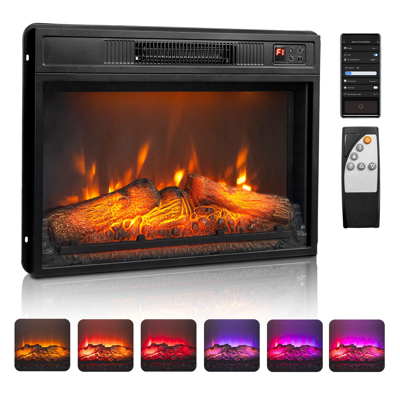 23" Embedded Electric Fireplace Insert Heater 6 Colors Realistic Flame Remote gallery
