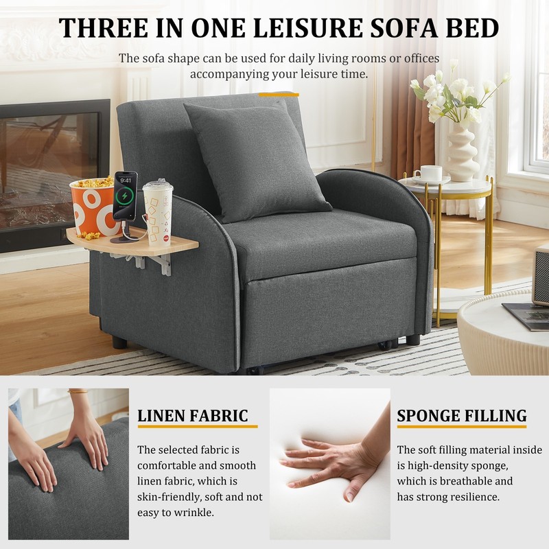 Convertible Sleeper Chair Pull Out Bed with USB Port & Foldable Side Table gallery