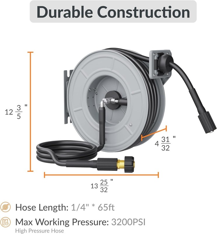 Giraffe Tools Retractable Power Pressure Washer Hose Reel 1/4" x 65 ft, 3200PSI gallery