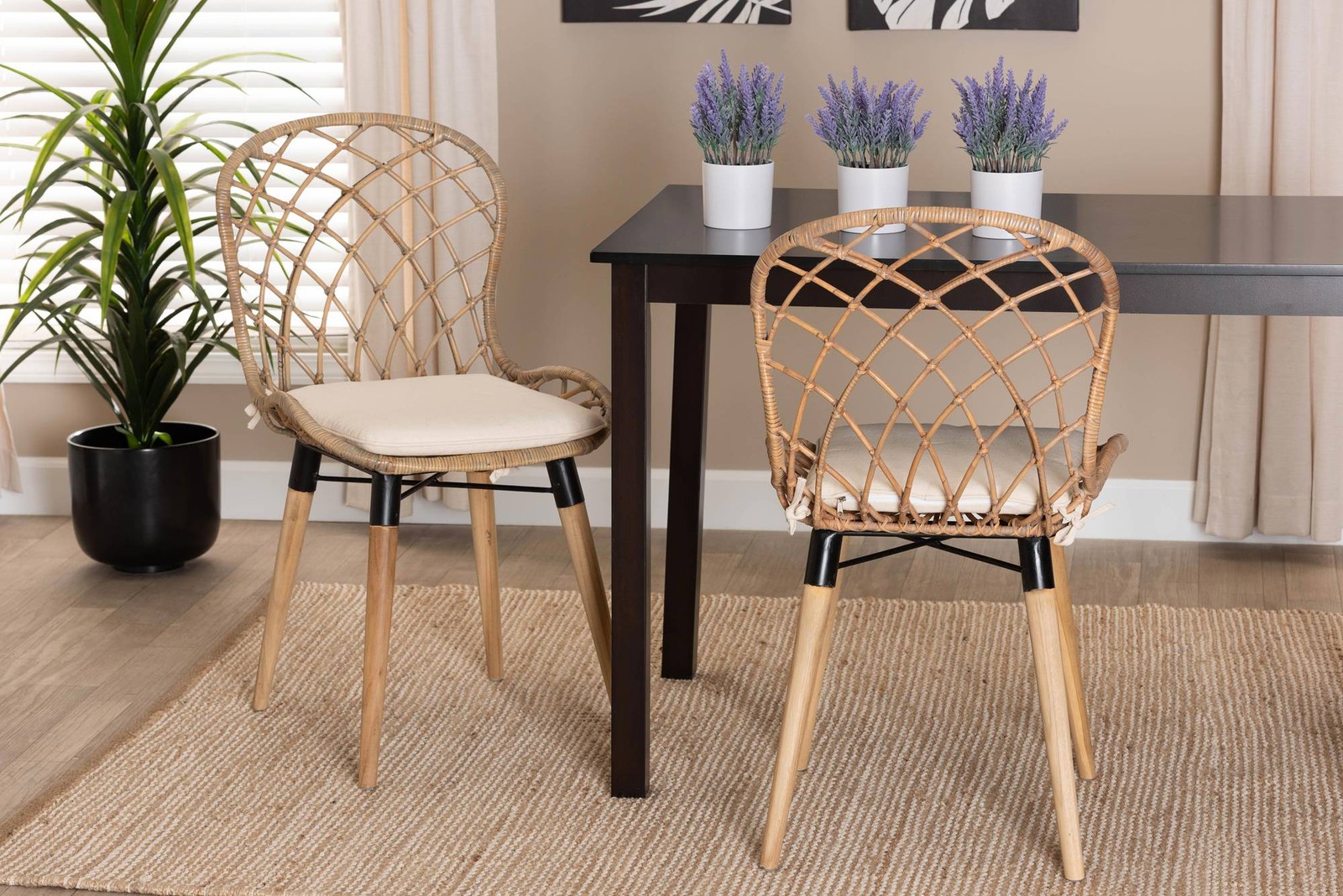 Sabelle Gray-Washed Rattan Brown Wood Dining Chairs Set of 2 gallery