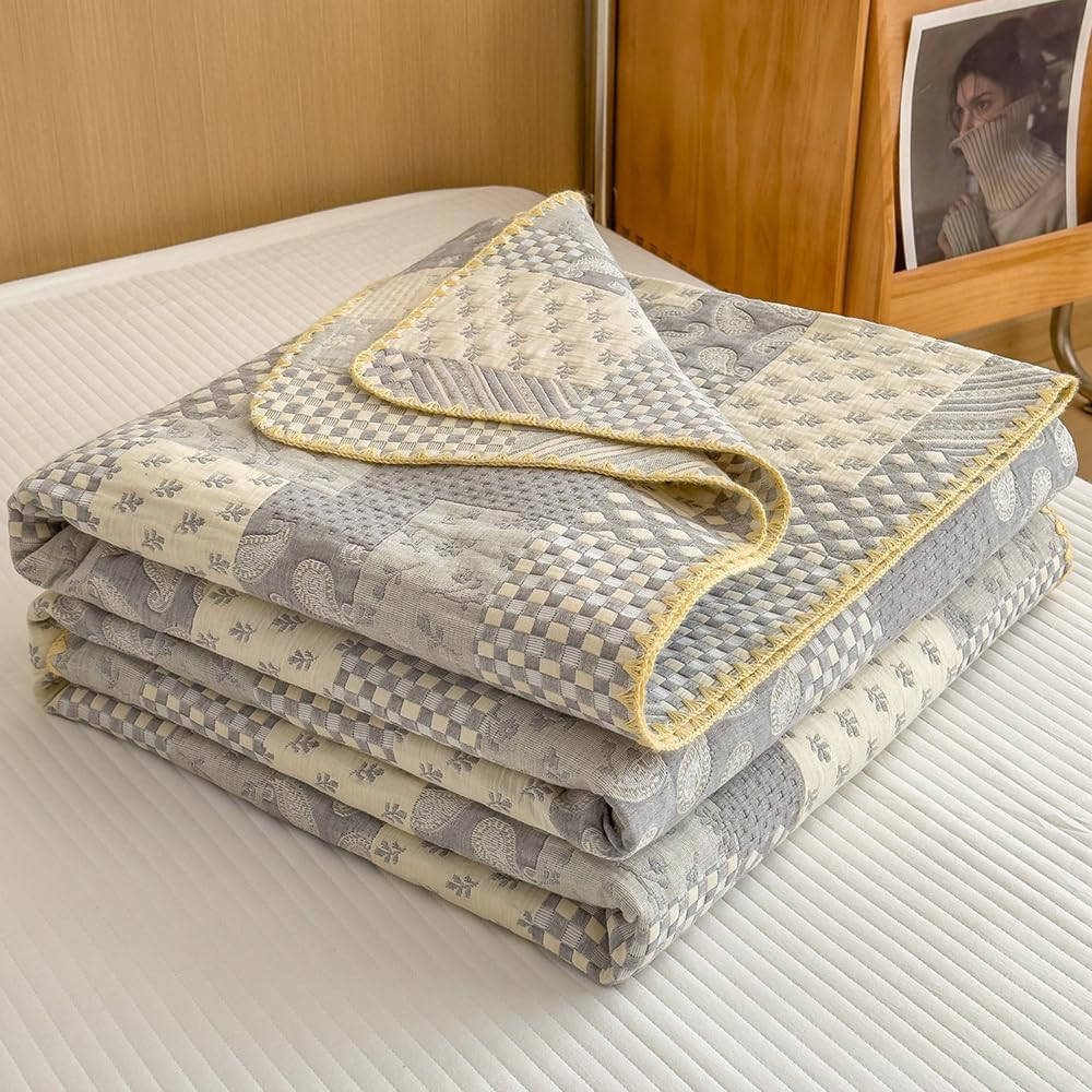 Reversible Cotton Muslin Blanket - Lightweight Grey Patchwork 80x90 In gallery