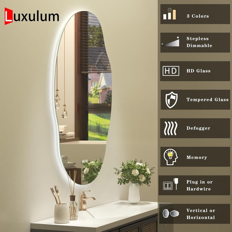 Irregular Backlit LED Bathroom Mirror for Wall 22"x30", Asymmetrical Lighted gallery