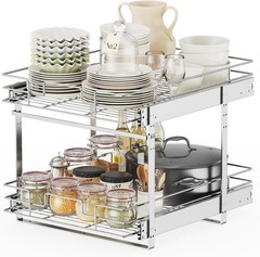 Slide Out Cabinet Organizer for Kitchen, 2 Tier Pull Out Shelves Sliding Cabinet