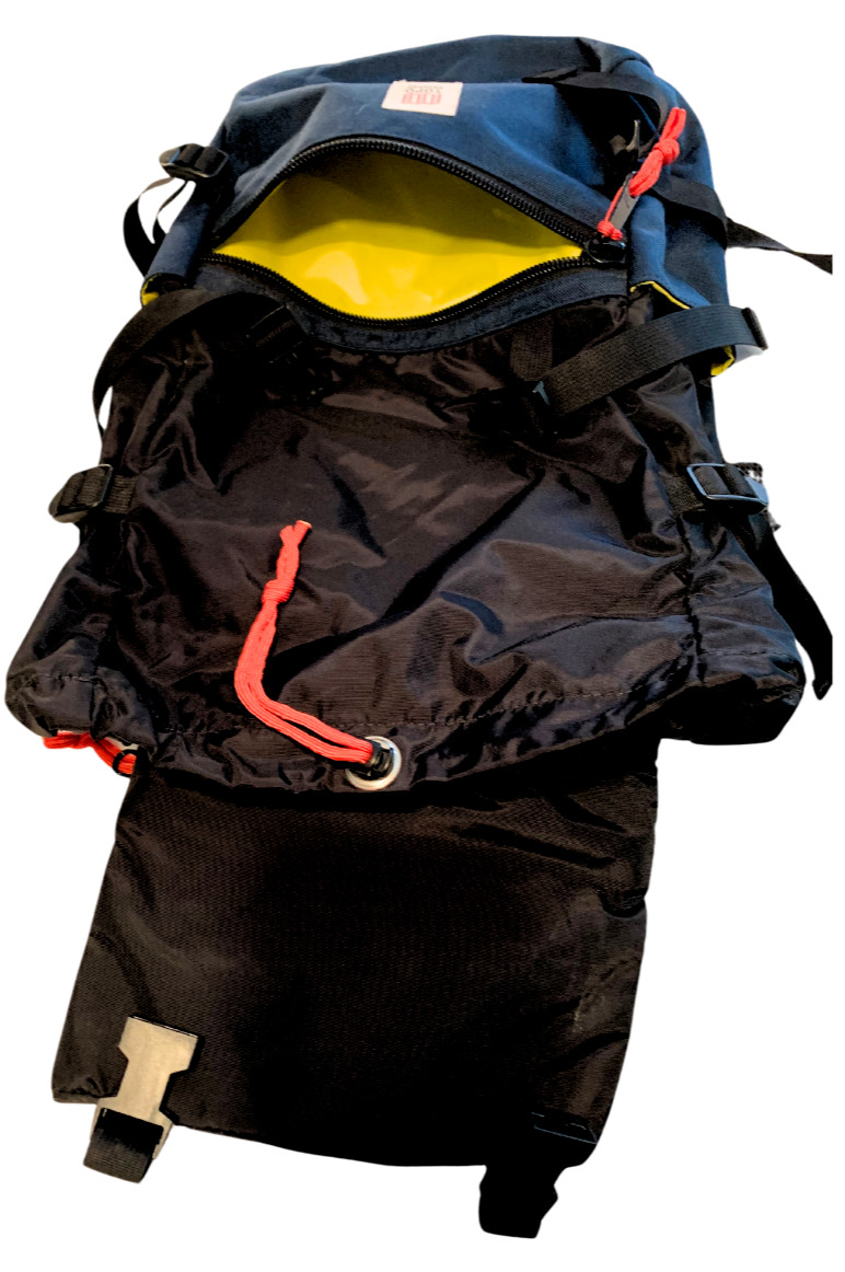 TOPO BACKPACK BLUE BLACK YELLOW POCKETS LAPTOP POCKET FOLD OVER DRAWSTRING ZIP 2