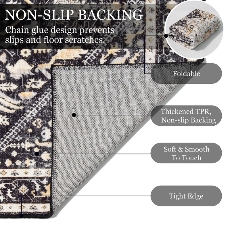 MUJOO Washable Runner Rug,Black Boho 2' x 6' (Rectangular), Black and Beige gallery