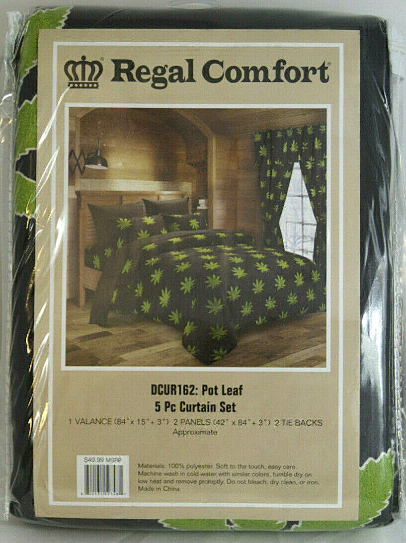 BRAND NEW MARIJUANA POT LEAF 5 PC CURTAIN SET with PANELS, TIE BACKS, & VALANCE gallery