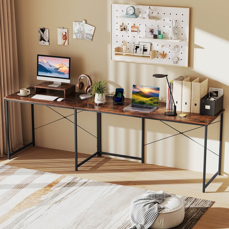 95" L-Shaped Reversible Computer Desk 2-Person Long Table Monitor Stand Rustic gallery