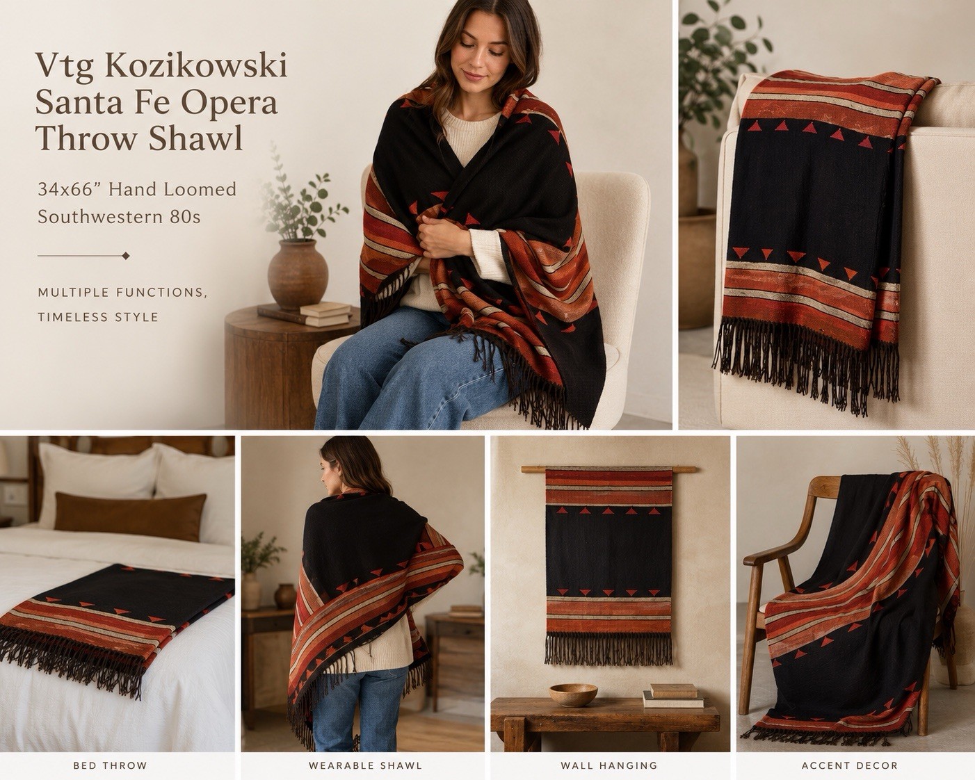 Vtg Kozikowski Santa Fe Opera Throw Shawl 34x66 Hand Loomed Southwestern 80s gallery