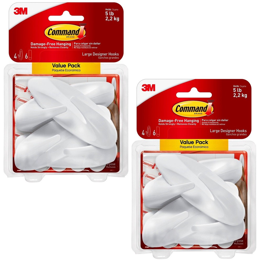 2 Packs 3M Command 4 Large Designer Hooks & 6 Adhesive Strips Per Pack Max 5 lb