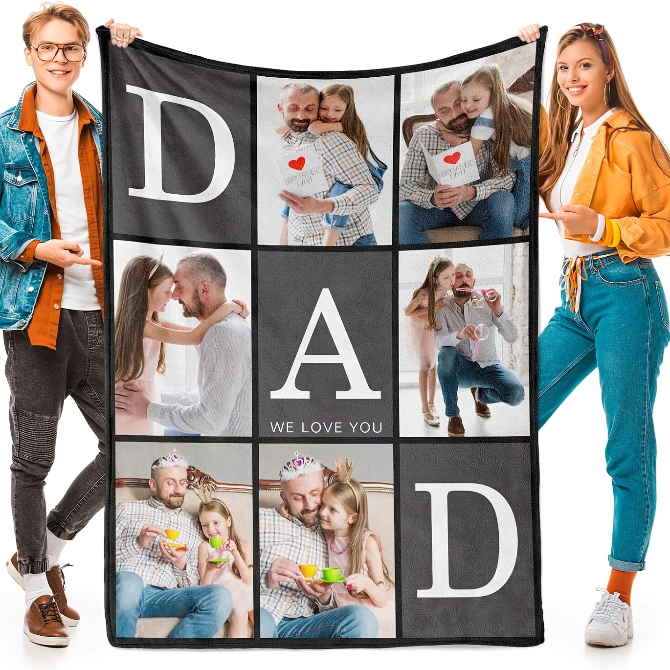 Custom 4 Photo Grid Fleece Blanket for Dad Personalized Throw Fathers Day Gift❀ gallery