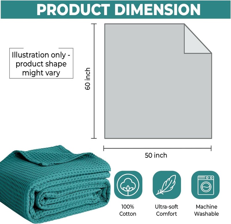 100% Cotton Blankets for Throw Size Bed - Waffle Weave Throw (50" x 60") Teal gallery